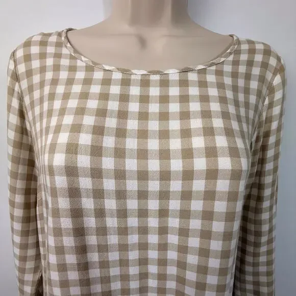 J.Jill tan and white gingham plaid long sleeve popover top - Picture 5 of 16